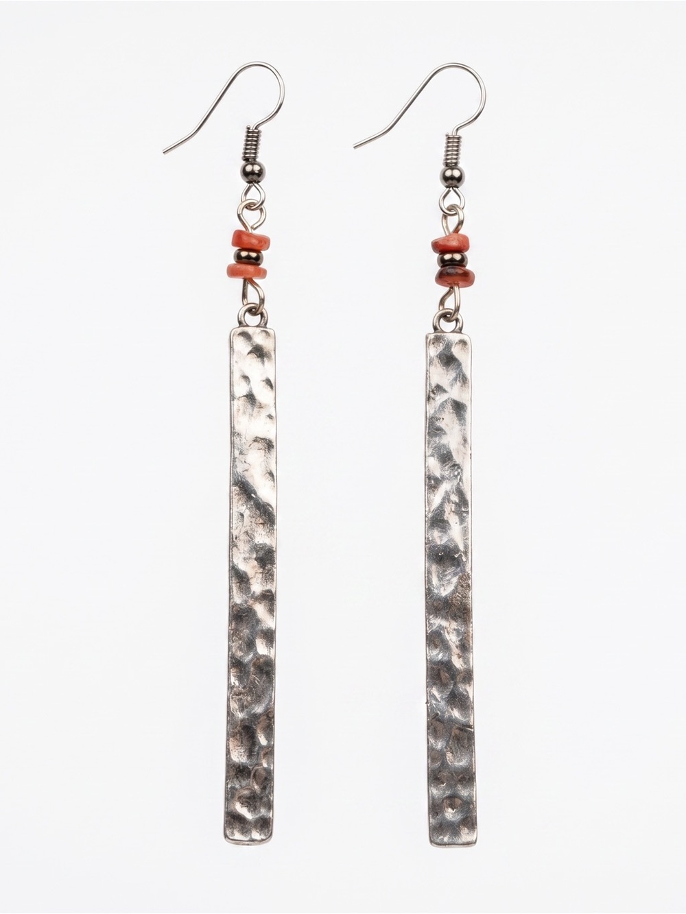 Silver Hammered Bar Drop Earrings with Orange Spiny Bead Accents